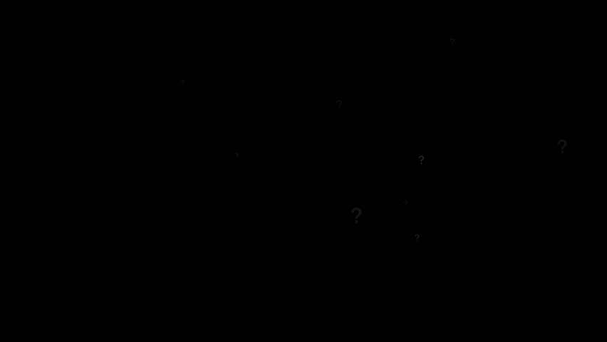 Camera moving through question marks on the alpha channel background. Question marks flying animated. Questions marks animated flying particles black background alpha channel