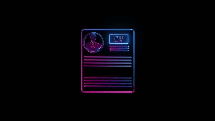 A neon-outlined icon representing a CV or resume with a silhouette of a person and text "CV" glows with blue and pink light against a black background. Clear details and vibrant colors enhance vis...