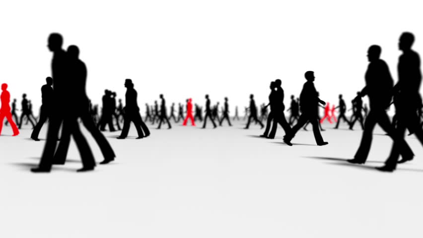 Anonymous crowd Silhouettes with a few red leader characters side view