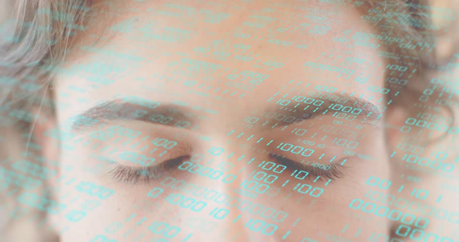 Woman opening eyes under binary streaming overlay and facing data merge indicating tech integration. Futuristic, digital, cyber, technology, brainstorming, innovation, glowing