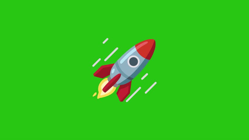 Cartoon rocket ship with flame trails on a bright green background