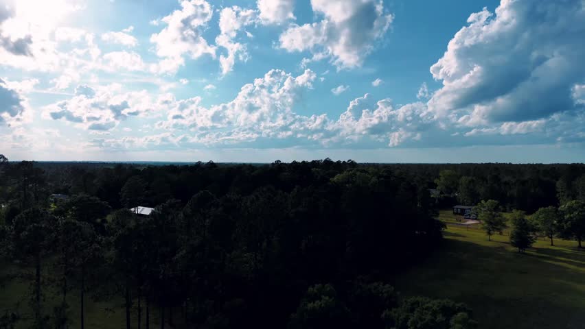 Aerial landscape of forest and pond running trail in suburban Baldwin Jacksonville Florida USA