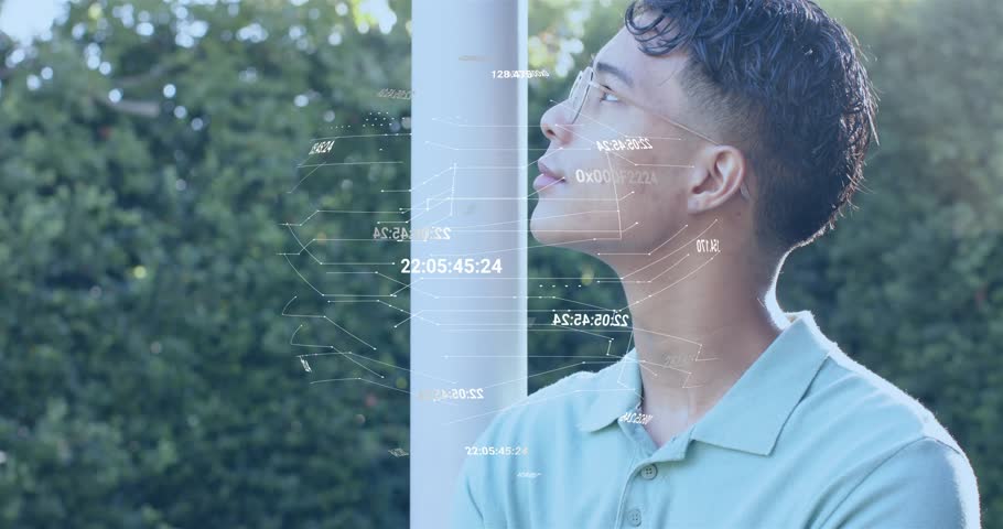 Man standing beside white pole in garden, gazing upward and activating technology HUD scanning data. Futuristic, technology, interface, innovation, outdoor, analytical, digital