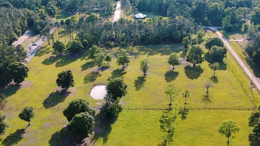 Aerial landscape of forest and pond running trail in suburban Baldwin Jacksonville Florida USA