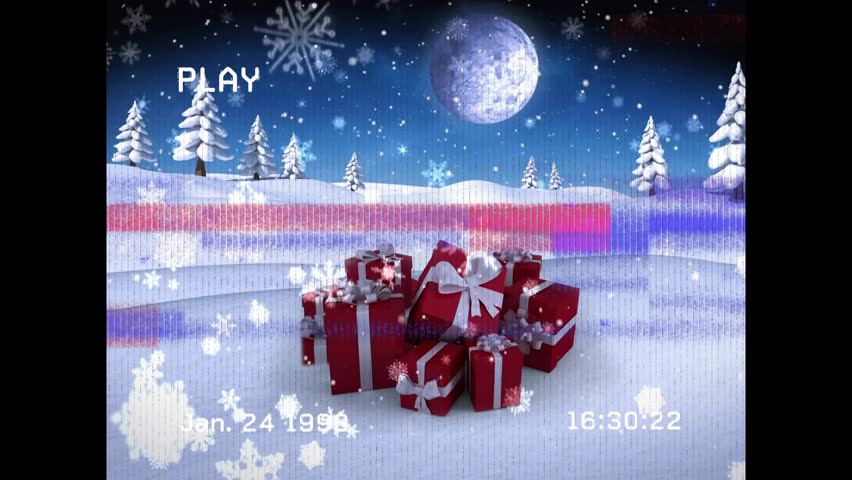 Retro VHS timestamp hitting 16 30 24 initiating sleigh gliding behind gift pile evoking magic. Nostalgia, winter, holiday, vintage, nocturnal, snowstorm, nighttime - Powered by Shutterstock - Get 15% off with code: PIKWIZARD15
