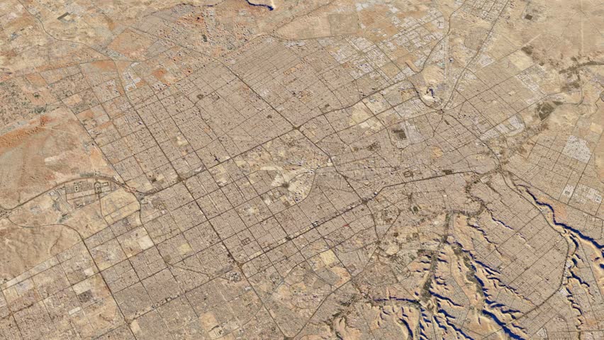 An ultra-realistic 3D city map animation of Riyadh, Saudi Arabia, showing detailed roads, buildings, and terrain with lifelike precision.
The camera performs a smooth orbit loop around the city, offer