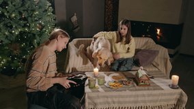 Two children and a Golden Retriever sitting near a Christmas tree and fireplace, preparing festive treats and decorating a gingerbread house on Christmas Eve in a cozy home atmosphere. High quality 4k - Powered by Shutterstock - Get 15% off with code: PIKWIZARD15