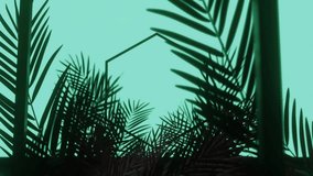 Mint backdrop framing palm fronds with glowing hexagon sparking golden fluid enveloping outline. Digital art, abstract, futuristic, neon, radiant, cinematic, surrealism - Powered by Shutterstock - Get 15% off with code: PIKWIZARD15