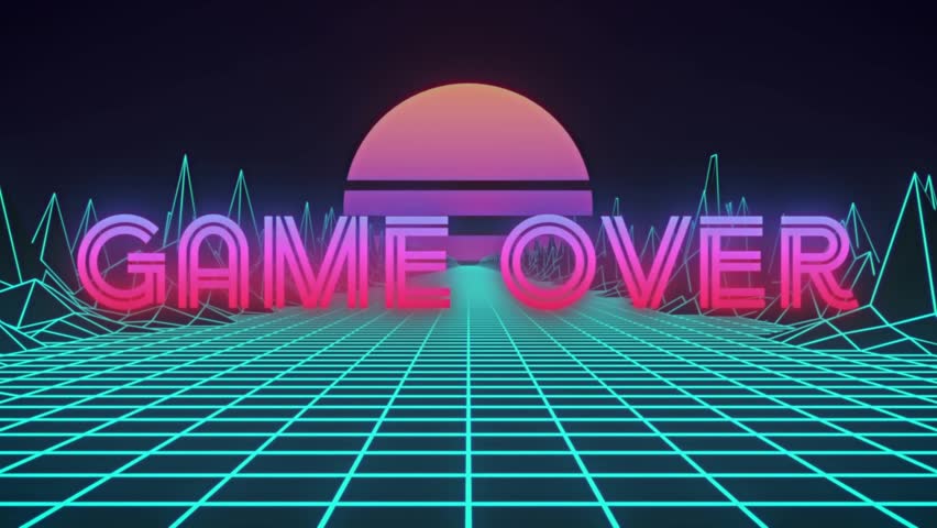 GAME OVER neon letters rising from grid firing fireworks glitching sinking into water signaling end. Cyberpunk, futuristic, digital, vibrant, abstract, sci-fi, immersive - Powered by Shutterstock - Get 15% off with code: PIKWIZARD15