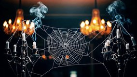 Spooky spiderweb with candles and chandeliers, creating a mysterious Halloween ambiance ideal for gothic decor, themed parties, and eerie event styling. - Powered by Shutterstock - Get 15% off with code: PIKWIZARD15