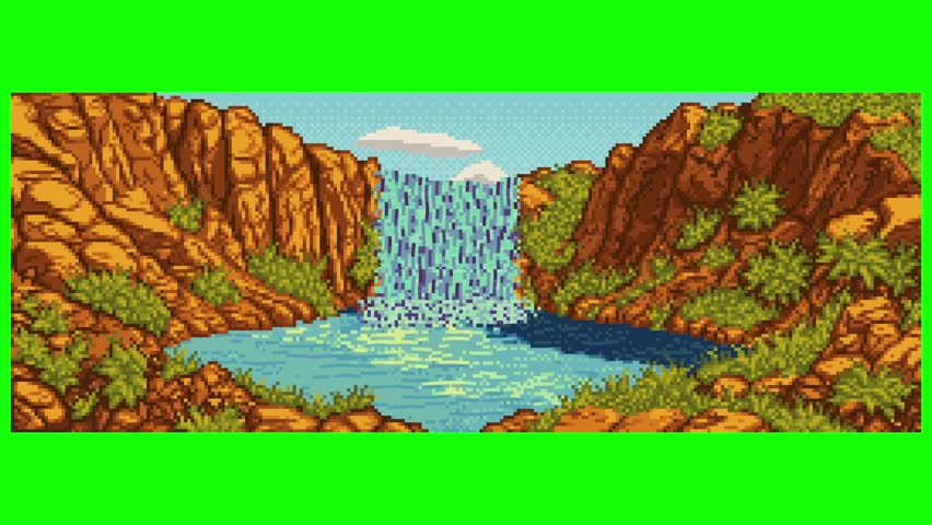 Retro Pixel Art Animated Video of a Desert Canyon Waterfall Cascading into a Pool, with Flowing Water, Swaying Grass, and Moving Clouds Background