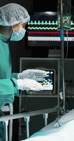 Conversation, surgery and vitals with doctor in operating room to explain medical procedure. Healthcare, monitor and operation with woman surgeon speaking to patient in theater for ICU recovery