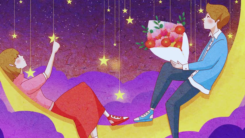 A couple stands on the moon, the boy holding a bouquet, surrounded by a universe of stars. A powerful visual for the quote: "My universe begins with you." Symbolizes epic, cosmic love.