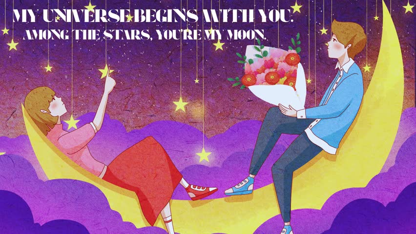 A couple stands on the moon, the boy holding a bouquet, surrounded by a universe of stars. A powerful visual for the quote: "My universe begins with you." Symbolizes epic, cosmic love.