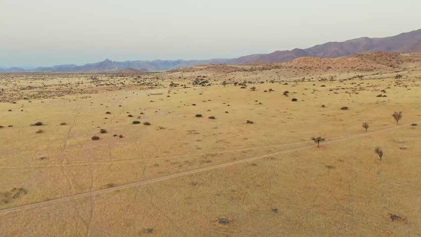 Golden sunset over the North Windhok, Namibian savanna with scattered trees on the horizon. Warm evening light and vivid colors capture the calm beauty of the African landscape.