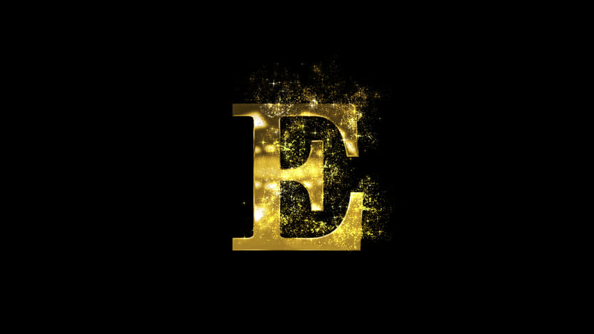 Golden letter E with golden particles and alpha channel, Latin alphabet, English alphabet