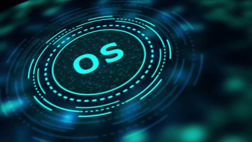 Cyan OS acronym in a digital circular interface with bokeh effect operating system technology