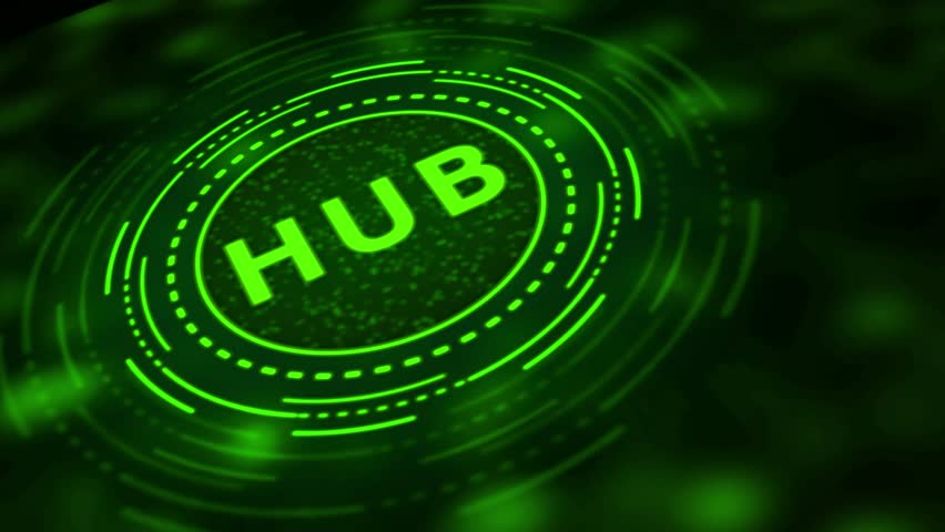 Glowing green circle with the word HUB in the center on a dark abstract background Keywords: HUB, center, core, network, connection, technology, digital, data, communication, information