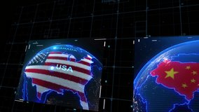Futuristic digital interface showing 3D holographic globes of the USA and China, each marked with their national flags and names, resembling a high-tech data or strategy screen, animation - Powered by Shutterstock - Get 15% off with code: PIKWIZARD15
