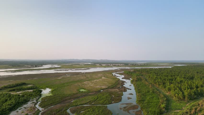 Drone footage of a winding river flowing through forest and sandy terrain. Clear blue sky, lush greenery, and intricate channels highlight the natural beauty of this diverse landscape.