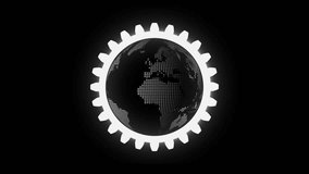 Seamless 3D rotating white earth globe with halftone effect and rotating white gear isolated on black screen.  Simple animation depicts a system at work worldwide. - Powered by Shutterstock - Get 15% off with code: PIKWIZARD15