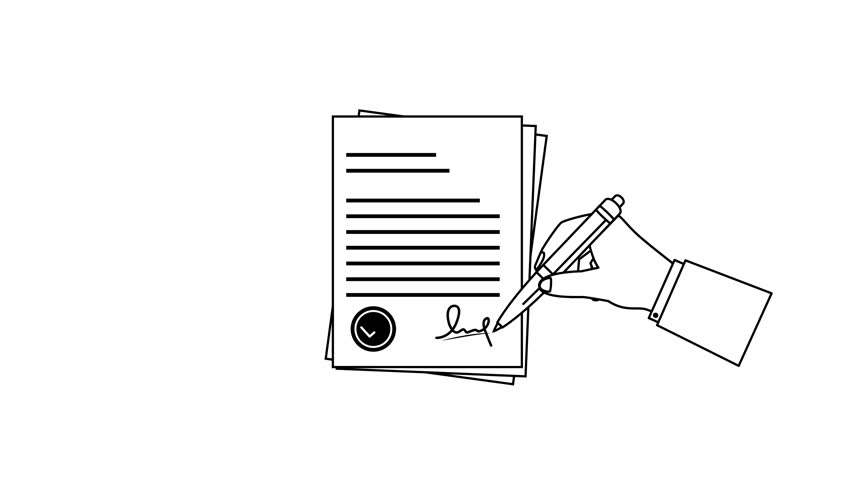 Hand signing document outline icon animation with pen, line motion, and checkmark icon on white background and green screen. 4K animated for agreement, motion graphics, and business explainer.