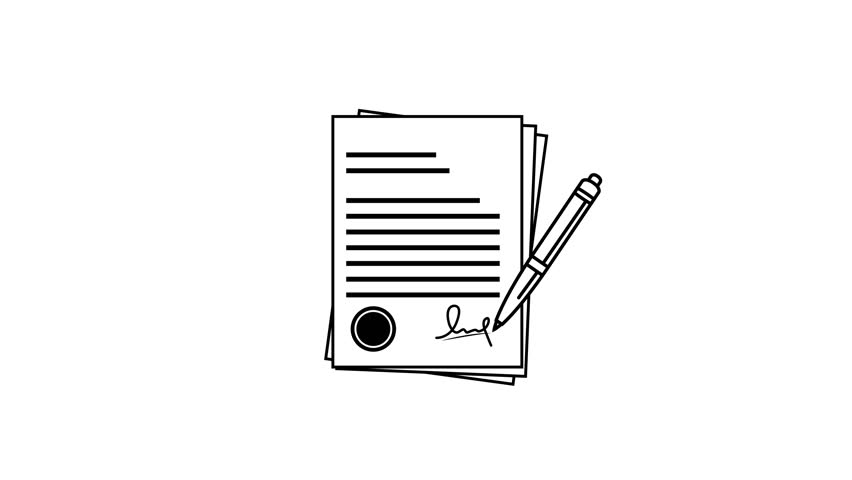 Document signing outline icon animation with pen, line motion, and checkmark icon on white background and green screen. 4K animated for agreement, business explainer, and motion graphics.