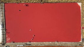Drone aerial view of visitors floating on the surface of a red-pink saltwater lake near a spa facility, showing unique natural mineral water rich in salt and therapeutic relaxation experience
 - Powered by Shutterstock - Get 15% off with code: PIKWIZARD15