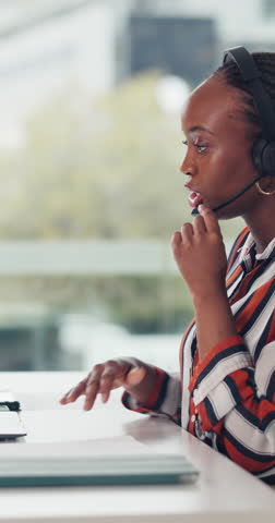 Woman, talk or telecom in office with video call for technical support, admin or human resources chat. Speaking, person or agent in online meeting with documents, customer service or CRM consultation