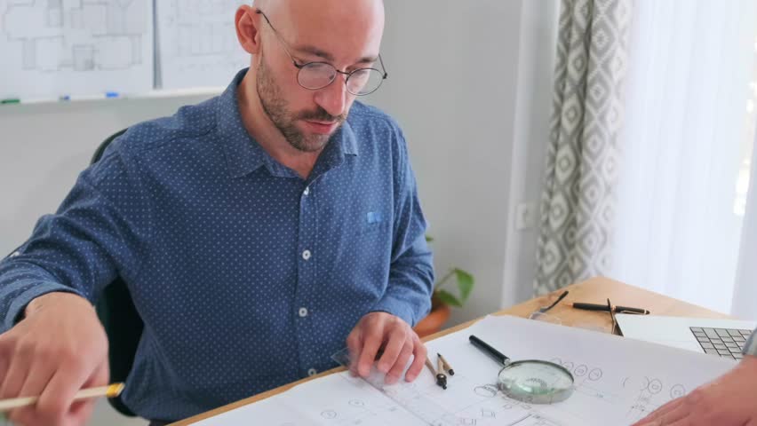manager measures meticulously, project manager uses ruler carefully, manager and colleague analyzing plans with tools, focused manager verifies measurements with colleagues in studio setting