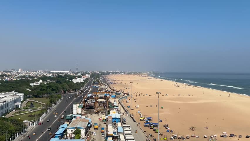 Aerial View of Marina Beach and Chennai Coastline