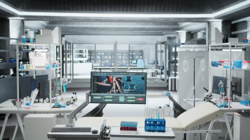 Empty pharmacology laboratory equipped for analysis and dosage testing, showcasing the foundation of research, healthcare progress and scientific innovation in medicine and biotechnology.