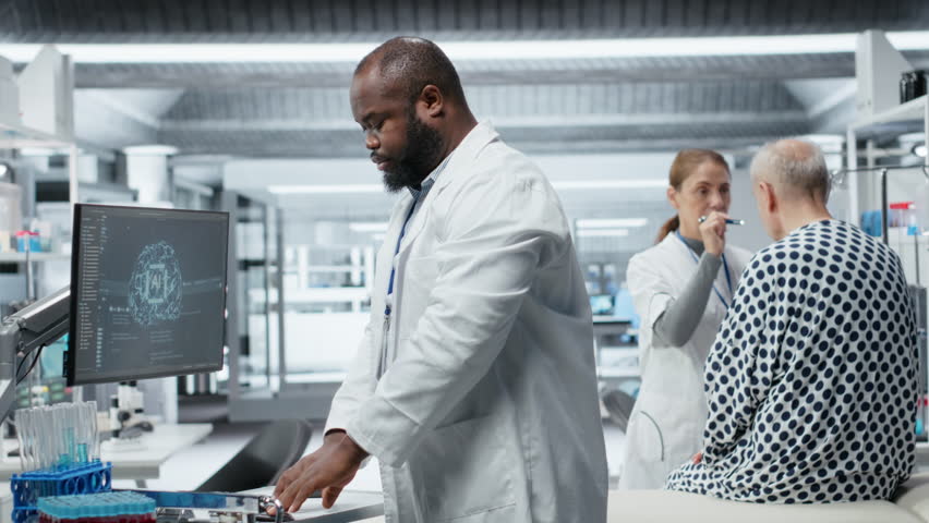Scientist performs laboratory experiment with AI tech tools with patient, analyzing drug dosage and potential allergic reaction. Gathering data for healthcare breakthrough in pharmacology. Camera B.