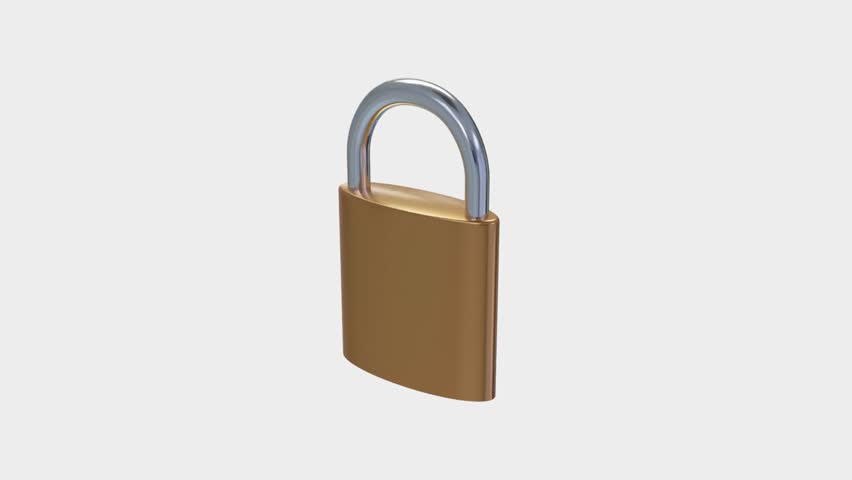 3D Brass Padlock Security object Loop rotating animation on the white screen, 4k render Stainless Steel Padlock spinning, for security concepts, data protection, privacy, encryption