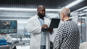 African american medic notes clinical evaluation of a patient in a laboratory study, testing new drug to identify side effects and benefits. Medical innovation with biotechnology. Camera B. - Powered by Shutterstock - Get 15% off with code: PIKWIZARD15