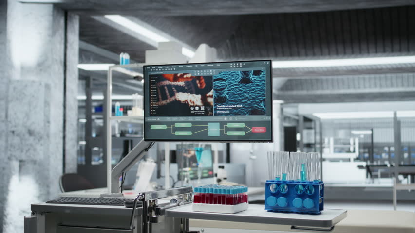 Empty clinical laboratory with advanced technology and sterile surfaces ready for testing, data analysis and chemical reaction experiments. Healthcare and pharmaceutical research breakthrough.