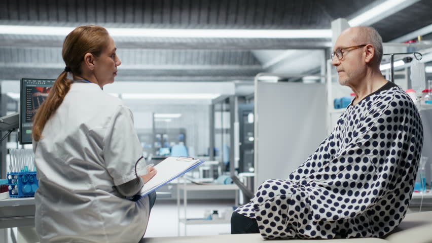 Female specialist documenting allergic reaction or side effects on patient, testing a new drug treatment in modern laboratory. Clinical trial with expert medic, biomedicine innovation. Camera B.