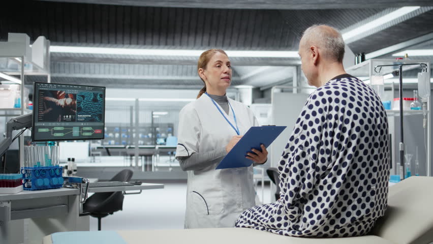 Medical researchers performing observation study in a laboratory setting, analyzing side effects and dosage response of new pills during clinical trial to support pharmacology breakthrough. Camera A.