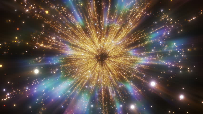 Golden Explosion of Glowing Particles on Black Background | 4K Abstract Glitter Effect. 4k 60fps. Gold glitters with rays of light. Celebration intro. Isolated on black background overlay.
