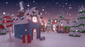 Snowfall starting with camera focusing on gingerbread house as text morphing for festive greeting. Winter, holiday, festive, decor, illumination, celebration, architecture - Powered by Shutterstock - Get 15% off with code: PIKWIZARD15