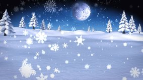 Moonlit snow falling sparking Xmas trees appearing pulsing lights and stars forming festive scene. Winter, holiday, sparkle, illumination, celebration, serenity, seasonal - Powered by Shutterstock - Get 15% off with code: PIKWIZARD15