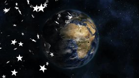 Floating Earth initiating white star shapes flowing across dark hemisphere to highlight continents. Cosmos, space, celestial, exploration, futuristic, inspiration, digital - Powered by Shutterstock - Get 15% off with code: PIKWIZARD15