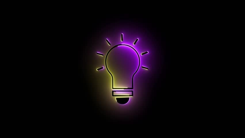 Dual Tone Neon Light Bulb Icon Purple and Yellow Glow on Black idea innovation