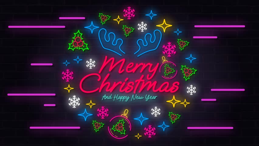 Neon Christmas looping animation in 4K featuring glowing “Merry Christmas and Happy New Year” text with snowflakes, stars, and holly leaves on dark brick background. Perfect for festive greetings. - Powered by Shutterstock - Get 15% off with code: PIKWIZARD15