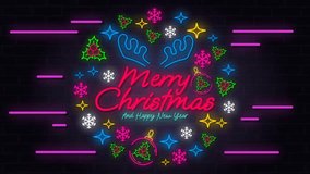 Neon Christmas looping animation in 4K featuring glowing “Merry Christmas and Happy New Year” text with snowflakes, stars, and holly leaves on dark brick background. Perfect for festive greetings. - Powered by Shutterstock - Get 15% off with code: PIKWIZARD15