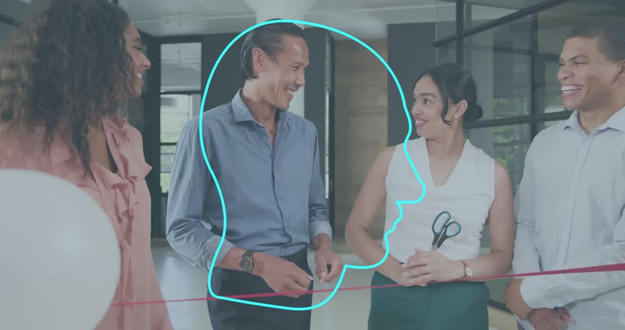 woman handing scissors, colleague cutting red ribbon, turquoise gears pulsing revealing office area. Collaboration, innovation, teamwork, celebration, modernity, progress, corporate
