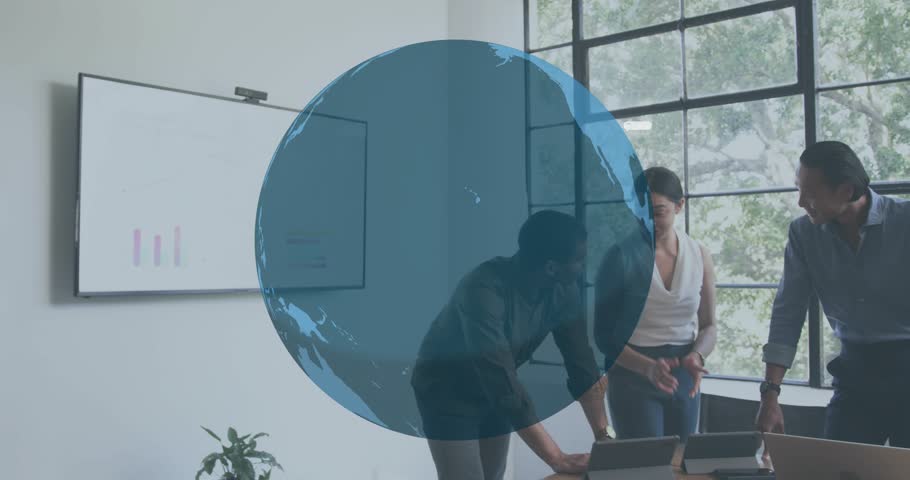 Business team starting table discussion fading transparent globe rotating icons showing global data. Collaboration, teamwork, innovation, digital connect, corporate, modern, communication