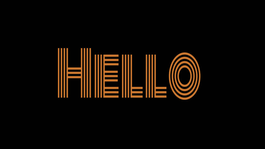 Seamless looping animation text on featuring the word "HELLO" displayed prominently on a light, transparent background. Stylized font composed of parallel vertical and horizontal lines. 4k, QuickTime