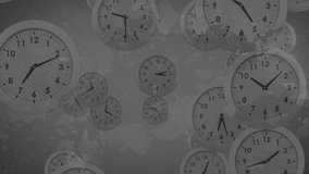 At start multiple analog clocks drifting and rotating with fading silhouettes to show time flow. Timelessness, abstraction, motion, minimalism, dynamics, perception, conceptual - Powered by Shutterstock - Get 15% off with code: PIKWIZARD15