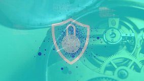 Upon purple dots emerging, nodes forming mesh around shield icon highlighting security over gears. Cybersecurity, encryption, protection, innovation, technology, network, digital - Powered by Shutterstock - Get 15% off with code: PIKWIZARD15